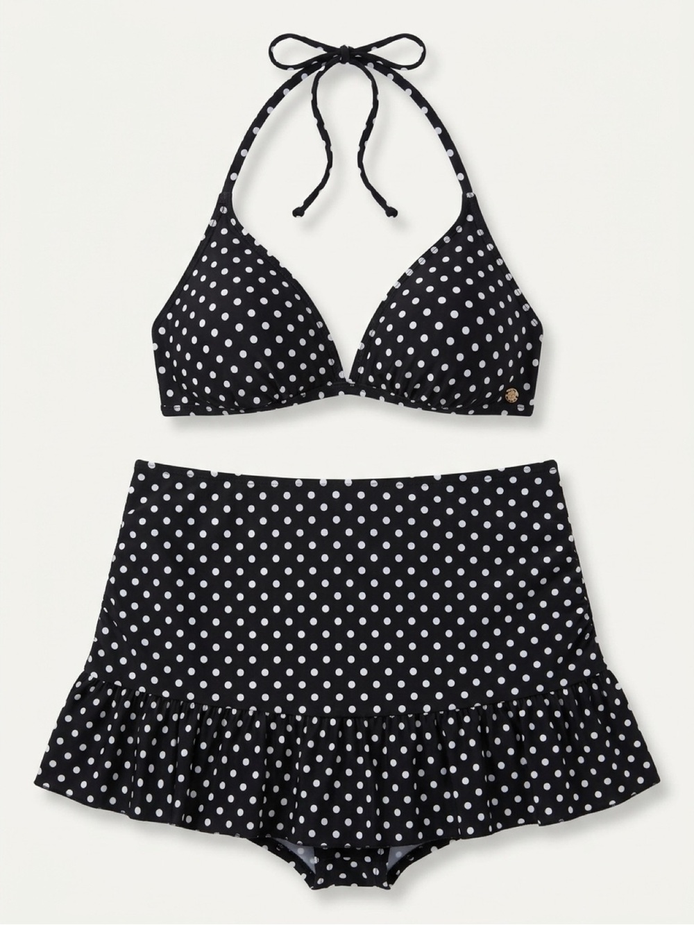 La Vie En Rose Black & White Polka Dot Halter Bikini Top with Swim Skirt